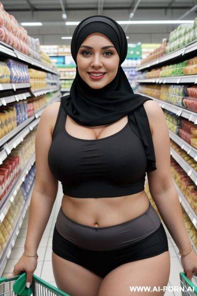 Smiling curvy russian thick wife wearing hijab، sleeveless shirt and black and gray panties standing in supermarket - ai-porn.ai - Russia on pornsimulated.com