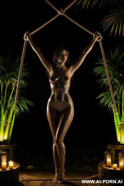 Nude woman, outside, night, jungle, tied up, tied to a stake, ropes, arms above her head, suspended from a bamboo x-shaped framework, dark, wet, black splatter, dramatic lighting, monster, wide shot, villagers watching - ai-porn.ai on pornsimulated.com