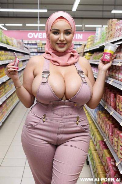 Smiling curvy russian thick wife standing topless wearing hijab and pink overalls in supermarket - ai-porn.ai - Russia on pornsimulated.com