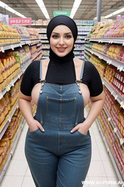 Smiling curvy russian thick wife standing topless wearing hijab and flower overalls in supermarket - ai-porn.ai - Russia on pornsimulated.com