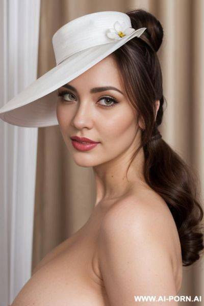 Winter, (pallid white skin), (closeup portrait), bent over, pin-up style , (ultra detailed), (smirk with closed lips), looking into camera, curtains background, (bright pallid body), (white floppy hat - ai-porn.ai on pornsimulated.com