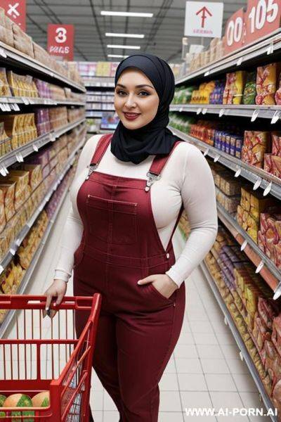 Smiling curvy russian thick wife standing topless wearing hijab and red overalls in supermarket - ai-porn.ai - Russia on pornsimulated.com