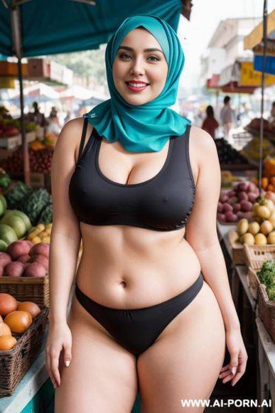 Smiling curvy russian thick wife wearing hijab، sleeveless shirt and panties standing in market - ai-porn.ai - Russia on pornsimulated.com