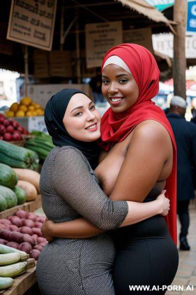 Smiling curvy russian thick wife fully naked wearing hijab hugged from old african man in market - ai-porn.ai - Russia on pornsimulated.com