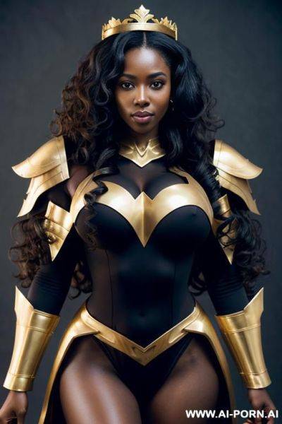 Long curly hair; using a crown and a golden armor - ai-porn.ai on pornsimulated.com