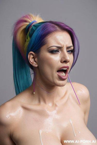 Woman, very tall, huge tits, no shirt, covered in thick white cum, rainbow hair, ponytail, screaming in pain, rope around her hands, full body. - ai-porn.ai on pornsimulated.com