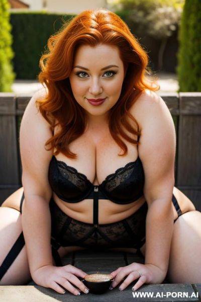 Half-length photo, as a setting in the backyard area, a fat chubby fat thick and bbw redhead british, thick legs, she is drinking coffee at a sunny day. she has lovehandless and a soft - ai-porn.ai - Britain on pornsimulated.com