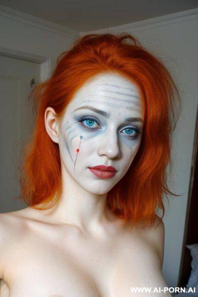 Gorgeous, very beautiful, (white pallid skin), (white skin), looking into camera, ((topless)), clown painted face - ai-porn.ai on pornsimulated.com