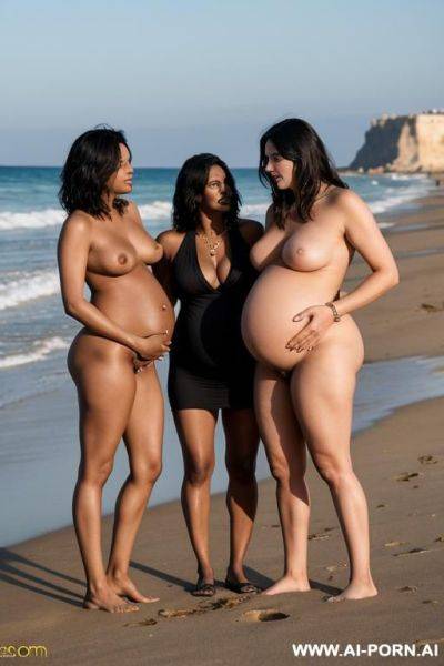 Naked lesbian couple on the beach at golden houre. they are fucking each other. one woman is an arab pregnant short milf, the other woman is a taller twenty years old dark skinned african with a large erect cock. - ai-porn.ai on pornsimulated.com