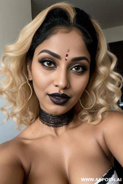 Latina, curly hair, blonde, milf, black lipstick, naked, mascara, keep face, same face, - ai-porn.ai on pornsimulated.com