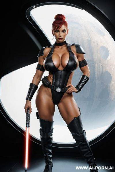 Sith lord. lightsaber. mature woman with toned muscles. tanned. choker, earrings, bracelet, holster, armband, anklet. boots. punk hairstyle. shiny, skin. gigantic tits. very bright yellow eyes. visible nipples. black cloak. spaceship window. - ai-porn.ai on pornsimulated.com