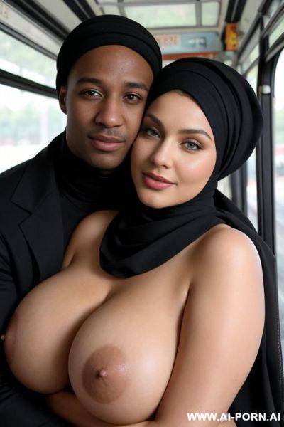 Curvy russian brunette busty wife topless wearing hijab hugged from black man in bus - ai-porn.ai - Russia on pornsimulated.com