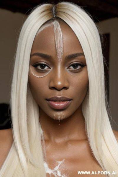 Bukakke, african woman, facial, naked, long messy blonde hair, lots of thick white cum on face - ai-porn.ai on pornsimulated.com