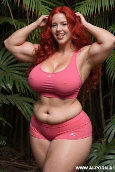 Long red wavy hair, obese curvy body, perky tits, nice hits, pose of ecstasy, attractive smile, in a skimpy explorer pink attire, very tight shorts, very tight tank top, in the jungle, huge muscular muscled bulked up strong thighs, muscular strong arms, - ai-porn.ai on pornsimulated.com