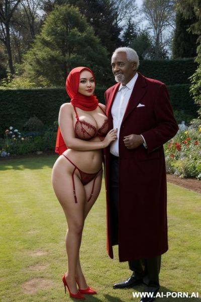 Curvy russian busty wife fully naked wearing hijab and red lingerie standing with old black man in garden house - ai-porn.ai - Russia on pornsimulated.com