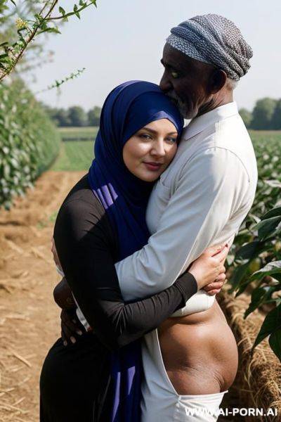 Curvy russian thick milf topless wearing hijab hugged from old african man in farm - ai-porn.ai - Russia on pornsimulated.com