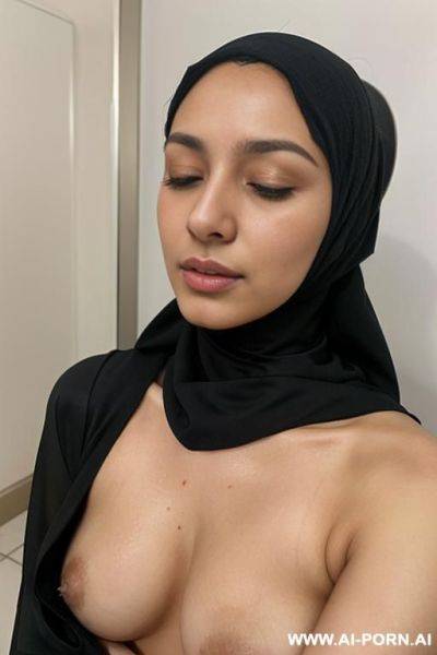 Hijab wearing, modest, prude, ashamed, closed eyes, - ai-porn.ai on pornsimulated.com