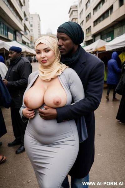 Curvy russian thick wife wearing hijab hugged from homeless topless african man in market - ai-porn.ai - Russia on pornsimulated.com