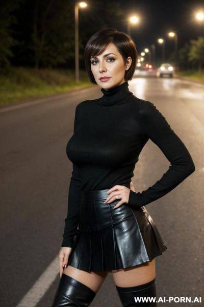 Very pretty sexy beautiful woman, tight skirt, knee high boots, big tits, tit flash, on a road, leather pleated skirt, wool turtleneck, - ai-porn.ai on pornsimulated.com