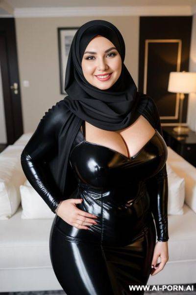 Smiling curvy russian thick wife wearing hijab and black super woman costume standing - ai-porn.ai - Russia on pornsimulated.com