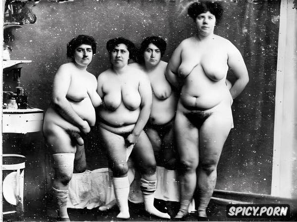 Fully naked, group photo of 1800s fat lesbians, standing in victorian kitchen - spicy.porn on pornsimulated.com