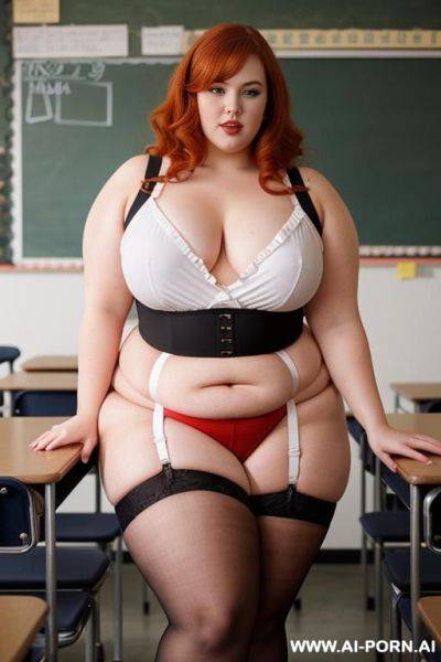 Full body photo shot, about at classroom, so chubby and so fat bbw curvy teacher, wearing a sexy and hot micro red ruffle microskirt and elegant micro garter belt top, speaking to the classroom. - ai-porn.ai on pornsimulated.com