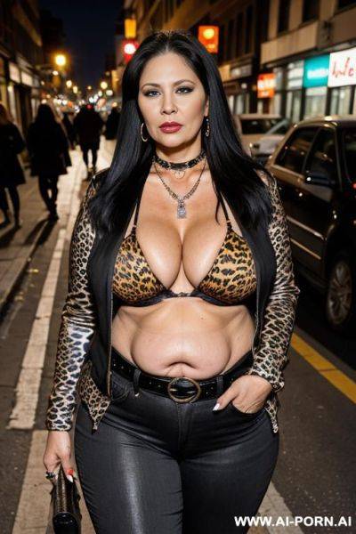 Fat old milf, animal print hooker outfit, huge saggy boobs, long straight hair, crop jacket, necklace, chocker, elries, street night, waist shot - ai-porn.ai on pornsimulated.com