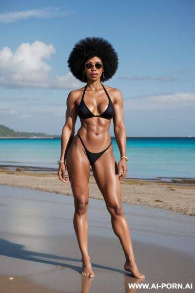 A lean fit muscular nude black asian woman with an afro, wearing sunglasses, standing on a beach - ai-porn.ai on pornsimulated.com