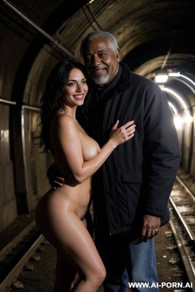 Smiling curvy russian brunette busty wife with messy haircut fully naked hugged from old homeless black man in underground tunnels - ai-porn.ai - Russia on pornsimulated.com