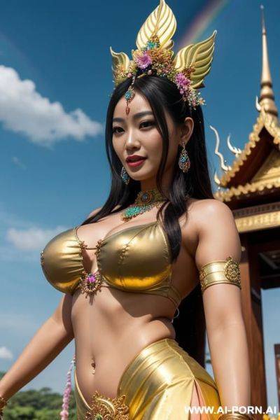Flowering rainbow​ woman realistic​ ancient​ thai​ goddess​ shine and dancing​ in sky show​ boobs​ - ai-porn.ai - Thailand on pornsimulated.com