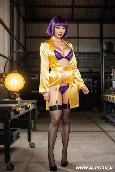 1 japanese woman, purple hair, two long straight tails, (complete open short satin bathrobe with satin bra underneath), garter belt, black stockings, bedroom - ai-porn.ai - Japan on pornsimulated.com