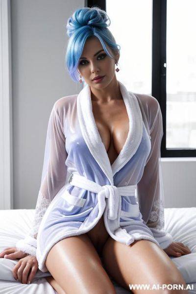 (sheer short white completely open bathrobe), laying back in bed with legs spread open, unbuttoned unzipped legs spreading detailed vagina cleavage, eye contact, looking at camera, earrings, makeup - ai-porn.ai on pornsimulated.com