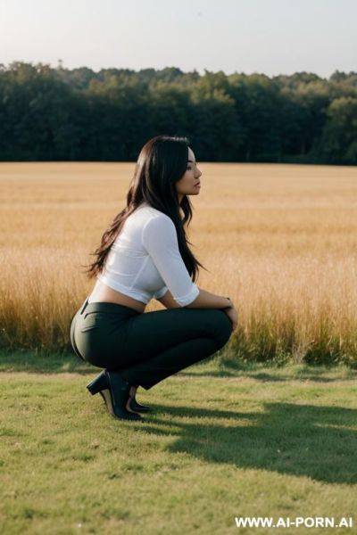 Woman squatting in field, pants, side-view - ai-porn.ai on pornsimulated.com