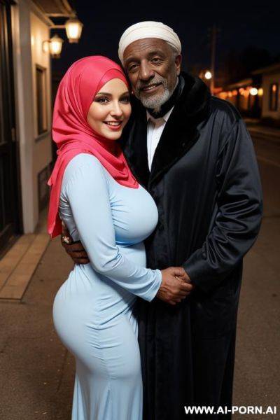 Smiling curvy russian brunette busty wife with huge boobs wearing colored hijab hugged from old black homeless man - ai-porn.ai - Russia on pornsimulated.com