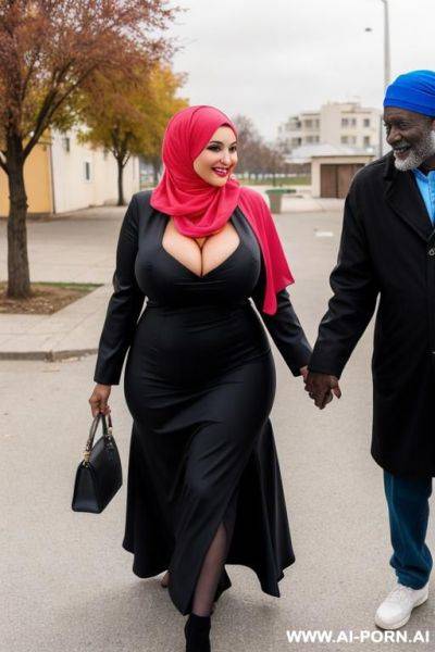 Smiling curvy russian busty wife wearing colored hijab and the wind lifting her dress to show underwear standing with old black homeless man - ai-porn.ai - Russia on pornsimulated.com