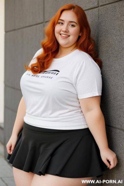 Fat, chubby thighs, bbw, thick, yoga t-shirt and ruffle microskirt - ai-porn.ai on pornsimulated.com