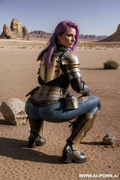 Woman squatting on wet spot, in desert, jacket, jeans - ai-porn.ai on pornsimulated.com