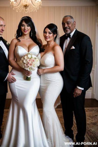 Two smiling curvy russian brunette brides wearing wedding dress hugged from two old black men - ai-porn.ai - Russia on pornsimulated.com
