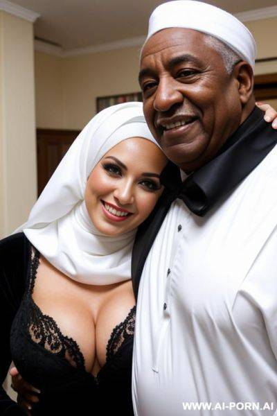 Smiling curvy russian brunette busty bride wearing white hijab hugged from old black man - ai-porn.ai - Russia on pornsimulated.com
