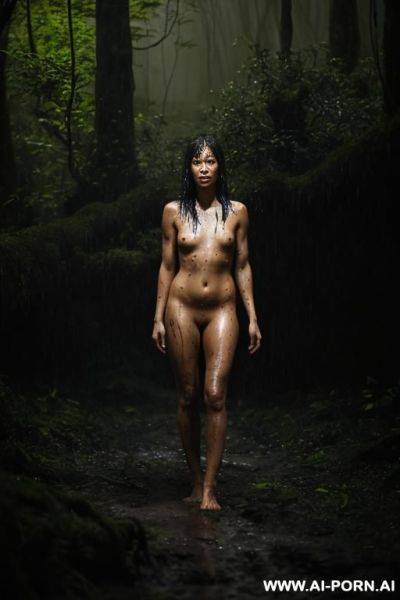 Nude woman, tied to a post, hands bound, in a clearing, jungle, torchlight, wet, rain, fog, mud splatter, dark, night, fire light, dramatic lighting - ai-porn.ai on pornsimulated.com