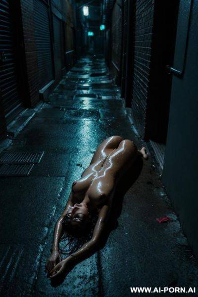 Nude woman, lying on the ground, in an alley, night, dark, neon lights, eyes closed, sleeping, dirty, wet - ai-porn.ai on pornsimulated.com