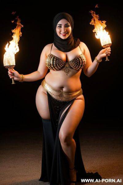 Smiling curvy russian brunette chubby wife wearing hijab and belly dancing costume standing on fire - ai-porn.ai - Russia on pornsimulated.com