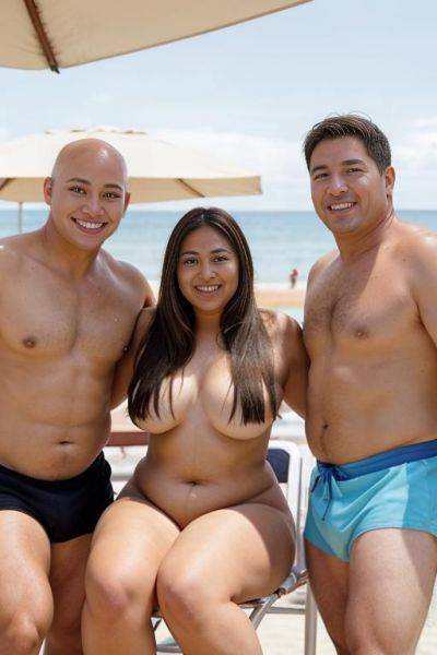 Two women and one man, beach festival, summer party, a fat chubby shorty filipina milf is posing with a tall handsome fit american man. she has blonde highlights in her hair. the woman is - ai-porn.ai - Usa on pornsimulated.com