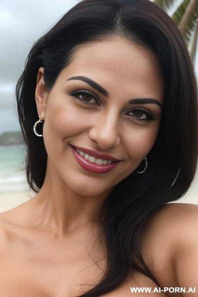 (((beautiful sexy attractive))) milf, (closeup), beach, overcast cloudy day with diffuse soft light, (eye contact), happy smile, [[lipstick]] - ai-porn.ai on pornsimulated.com