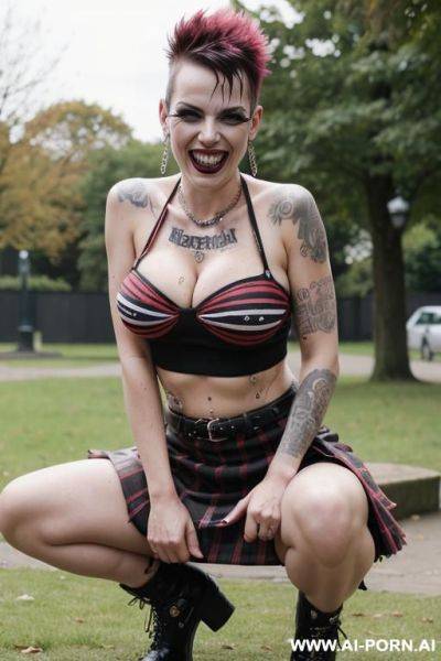 British punkwoman squatting in messy park, mohawk, short skirt, hairy pussy, pussy drips pee - ai-porn.ai - Britain on pornsimulated.com