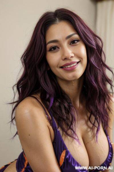 Close!, immersive expression, lovingly boastful japanese casual milf, loose wavy purple hair, closeup in decent dress, lush makeup, she is naturally tanned, pleasure, lying, real-life sei-ra sodes-hiro! - ai-porn.ai - Japan on pornsimulated.com