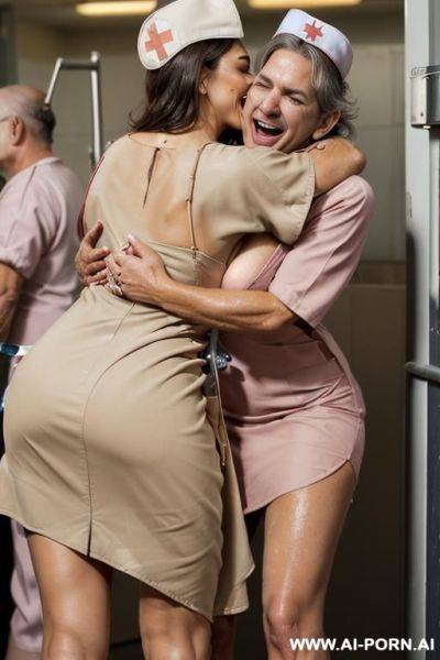 (((( hugging oldman)))) at birdtday celebration asylum ((((tanned nurse)))) lot oldmen jacket looks at her close up around spilling beer and having fun ((((tight dress perfect huge tits)))) - ai-porn.ai on pornsimulated.com