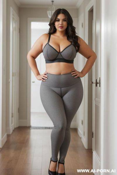 Chubby woman, full body, standing, triangular hips, thick thighs, hands on hips, wearing leggings and gray bra, in hallway at home - ai-porn.ai on pornsimulated.com