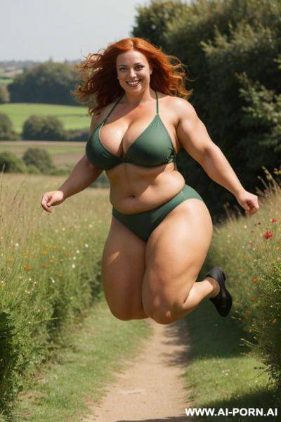 Strong robust woman, jumping with legs apart, in a footpath through fields, floral panties, strong obese fat muscled muscular bulked up body, showing off her obese strong muscular huge muscled - ai-porn.ai on pornsimulated.com