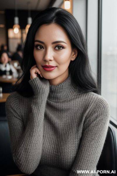 Portrait of a 30 year old woman with black hair, knitted grey turtleneck pullover, close-up face, posing in a modern cafe, (cinematic:1.2) - ai-porn.ai on pornsimulated.com